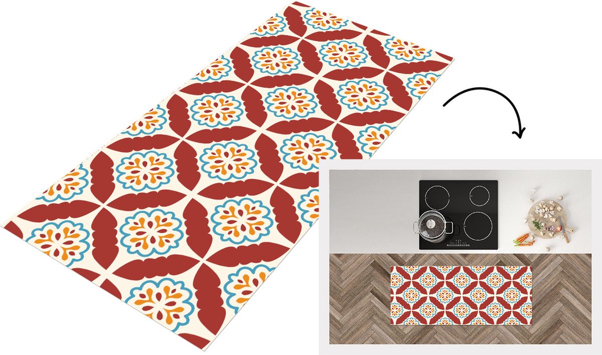 KitchenYeah Keukenloper - Loper keuken - Bloemen - Tegel - Patroon - 120x50 cm - Keukenloper vinyl Multicolor