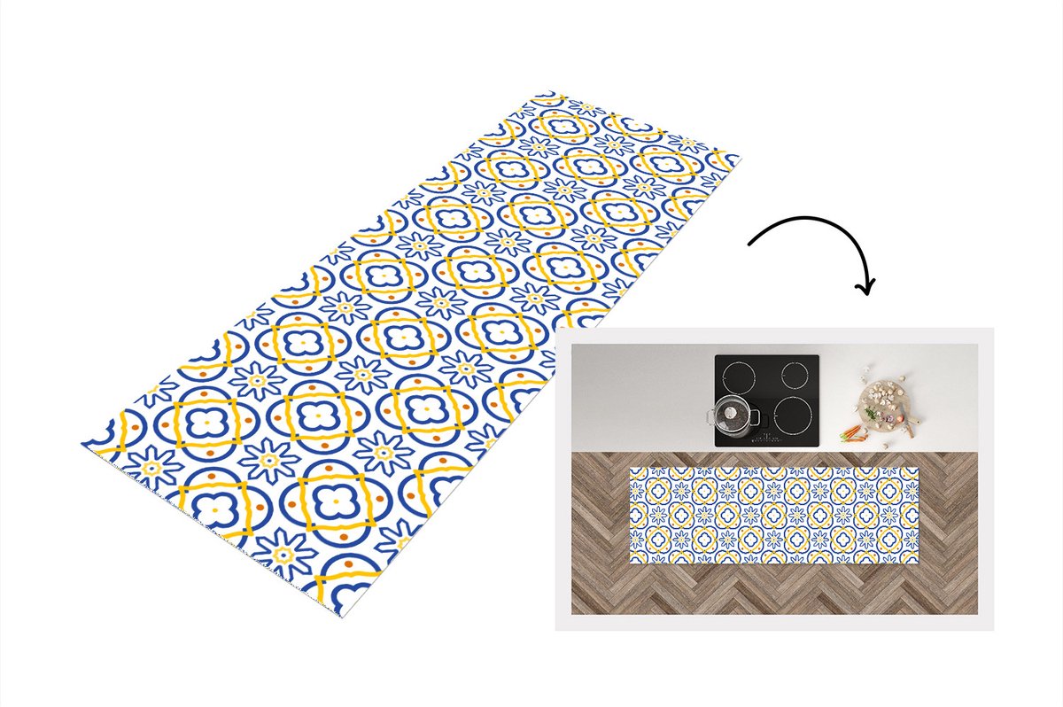 KitchenYeah Keukenloper - Loper keuken - Bloem - Blauw - Geel - Tegels - Patronen - 180x60 cm - Keukenloper vinyl Multicolor