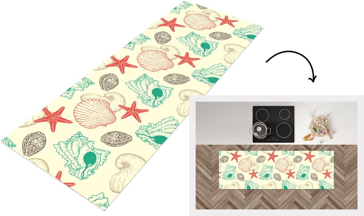 KitchenYeah Keukenloper - Loper keuken - Schelpen - Zeester - Strand - Vintage - Patroon - 150x50 cm - Keukenloper vinyl Multicolor