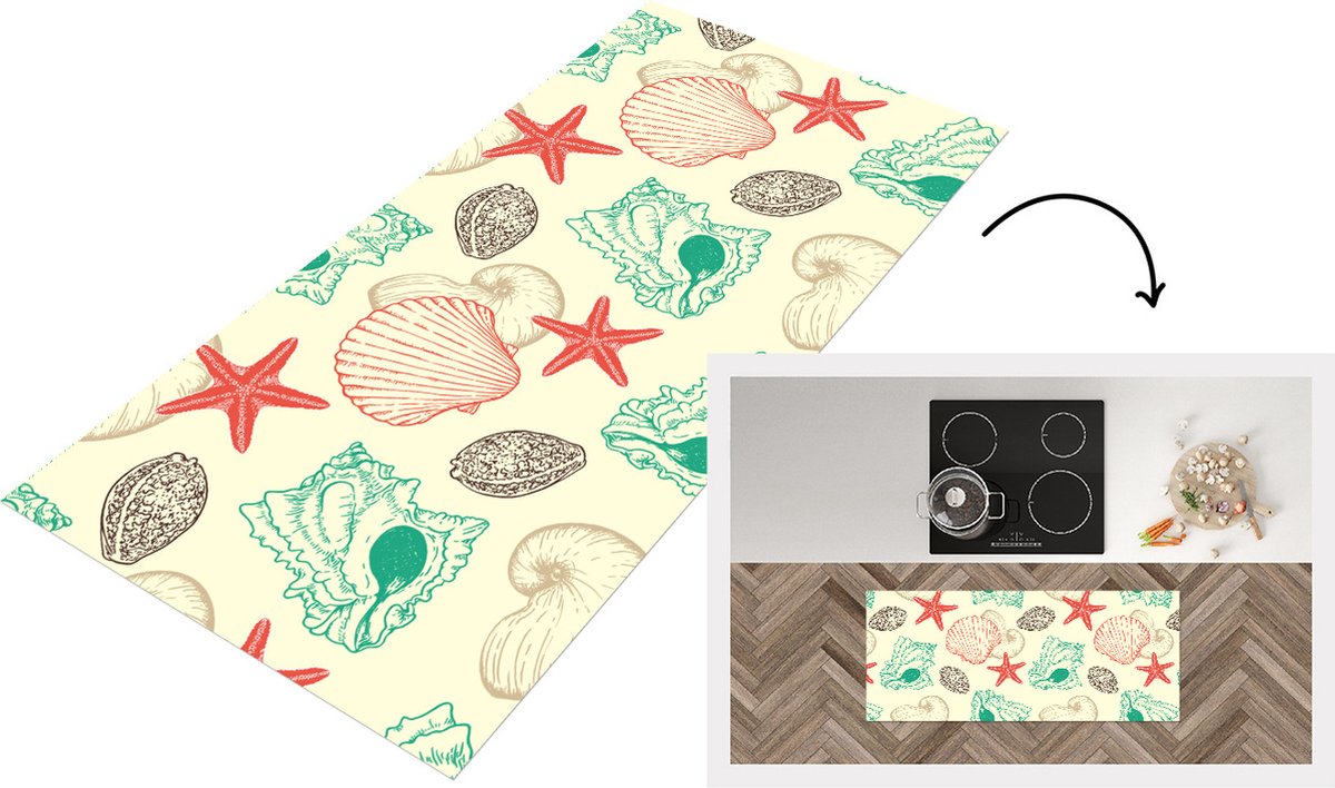 KitchenYeah Keukenloper - Loper keuken - Schelpen - Zeester - Strand - Vintage - Patroon - 120x50 cm - Keukenloper vinyl Multicolor