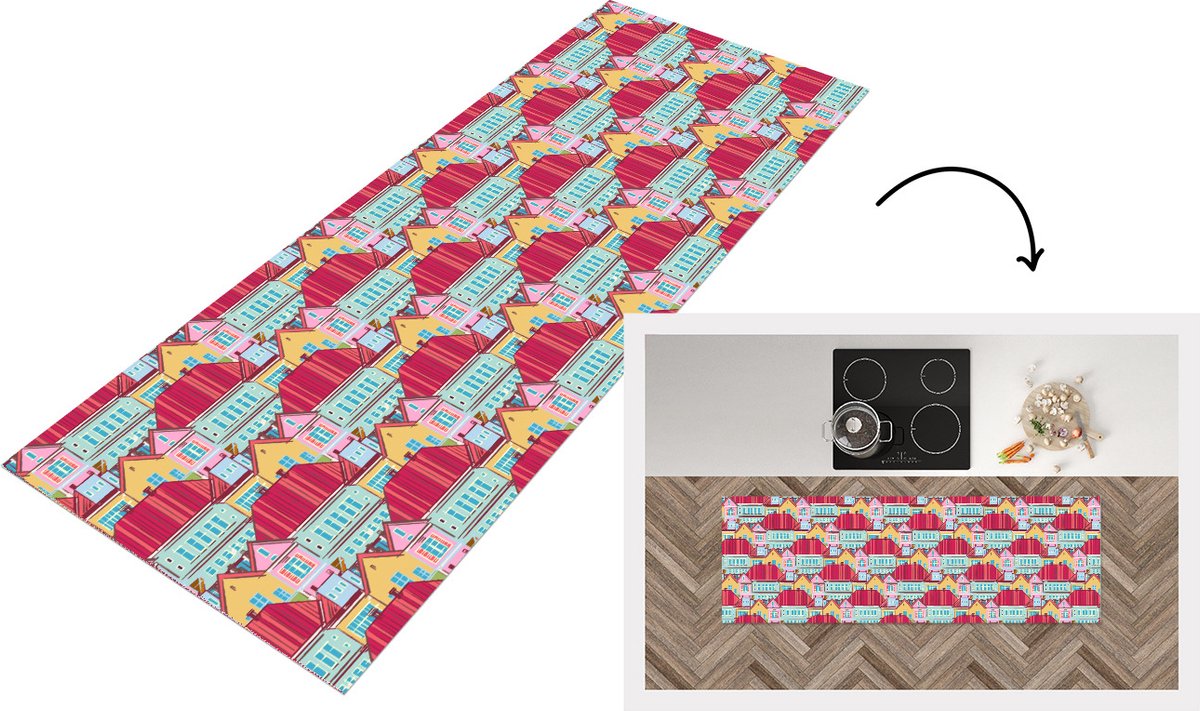 KitchenYeah Keukenloper - Loper keuken - Huizen - Zentangle - Patronen - 180x60 cm - Keukenloper vinyl Multicolor