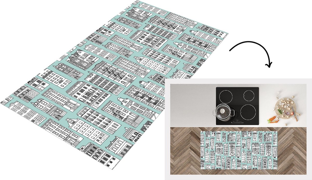 KitchenYeah Keukenloper - Loper keuken - Patronen - Huizen - Scandinavisch - 120x60 cm - Keukenloper vinyl Multicolor