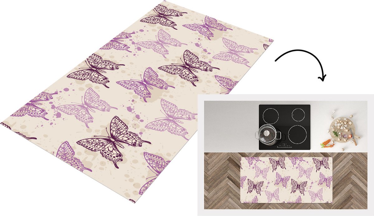 KitchenYeah Keukenloper - Loper keuken - Dieren - Patronen - Paars - Vlinder - 120x60 cm - Keukenloper vinyl Multicolor