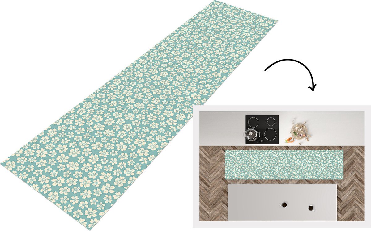 KitchenYeah Keukenloper - Loper keuken - Bloemen - Wit - Vintage - Patronen - 240x60 cm - Keukenloper vinyl Multicolor