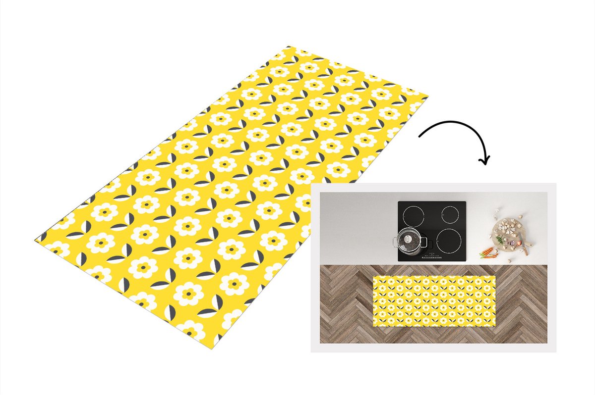 KitchenYeah Keukenloper - Loper keuken - Bloem - Geel - Patronen - Zomer - 120x50 cm - Keukenloper vinyl Multicolor