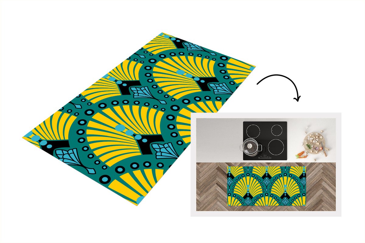 KitchenYeah Keukenloper - Loper keuken - Art Deco - Patroon - Blauw - Geel - 120x60 cm - Keukenloper vinyl Multicolor