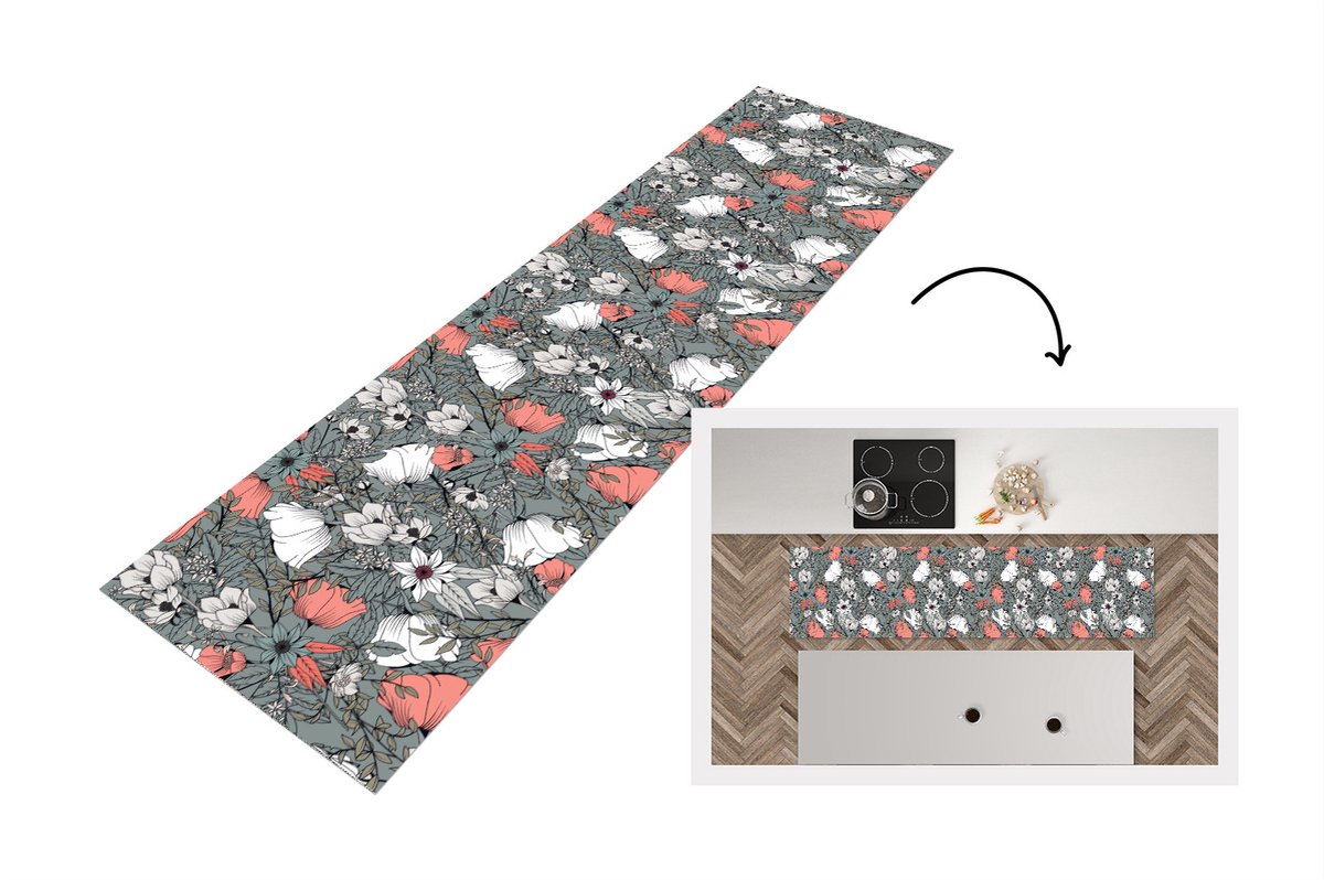 KitchenYeah Keukenloper - Loper keuken - Klaproos - Schets - Vintage - 240x60 cm - Keukenloper vinyl Multicolor