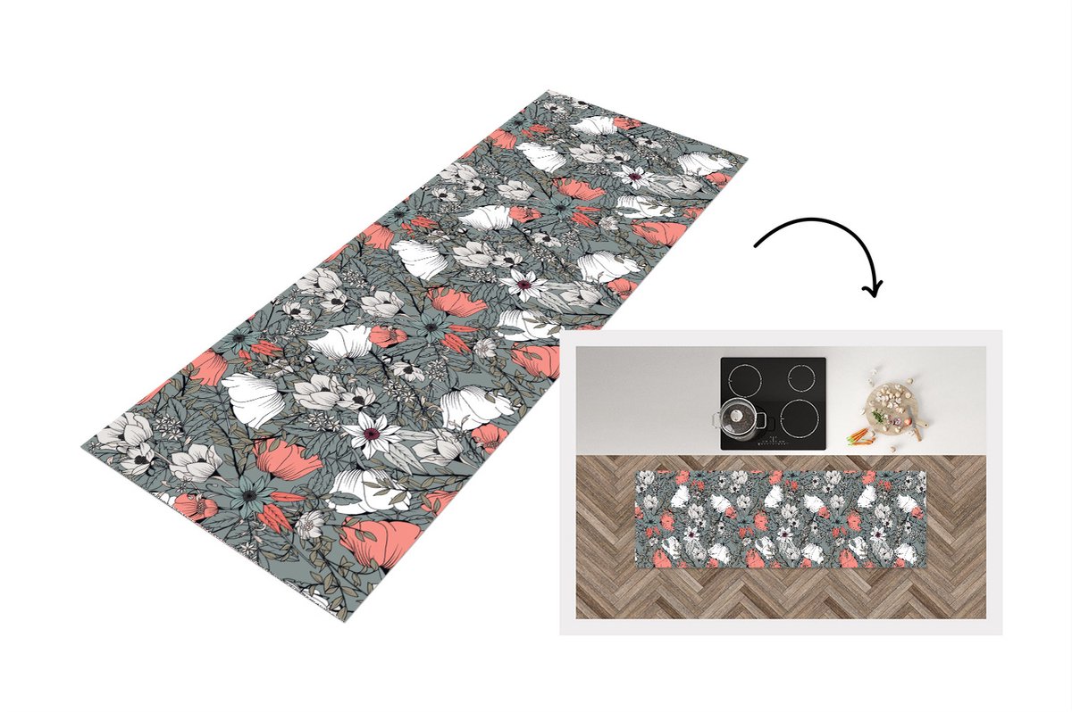 KitchenYeah Keukenloper - Loper keuken - Klaproos - Schets - Vintage - 180x60 cm - Keukenloper vinyl Multicolor