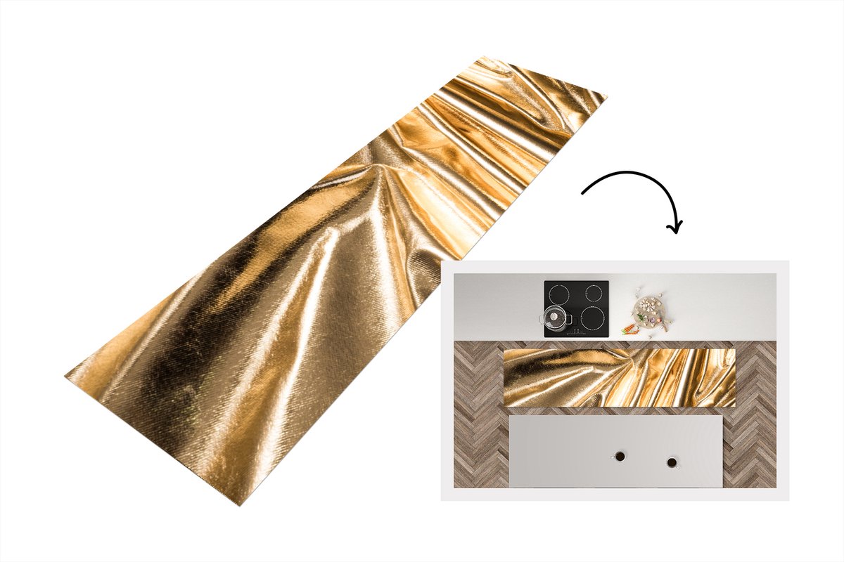 KitchenYeah Keukenloper - Loper keuken - Goud textiel met een kreukelige textuur - 200x50 cm - Keukenloper vinyl Multicolor