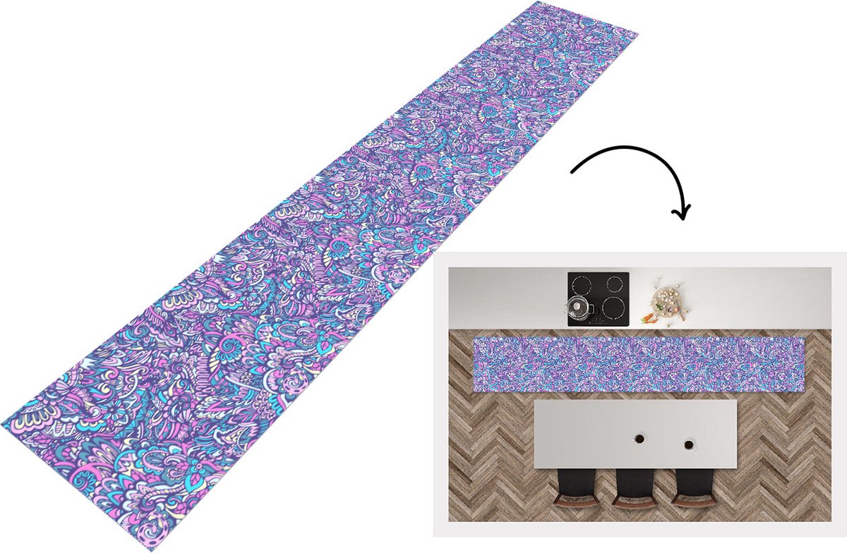 KitchenYeah Keukenloper - Loper keuken - Paisley - Vintage - Roze - Blauw - Patroon - 300x50 cm - Keukenloper vinyl Multicolor
