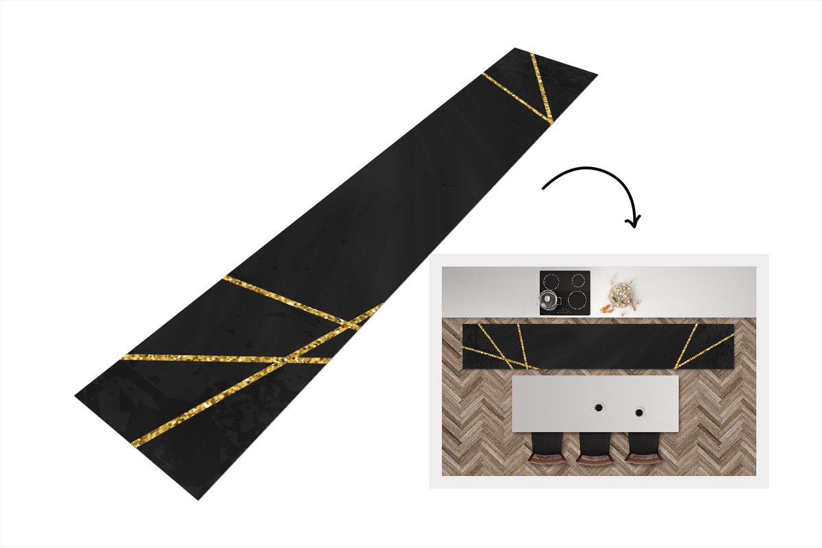 KitchenYeah Keukenloper - Loper keuken - Geometrisch patroon van gouden lijnen op een zwarte achtergrond - 300x50 cm - Keukenloper vinyl Multicolor