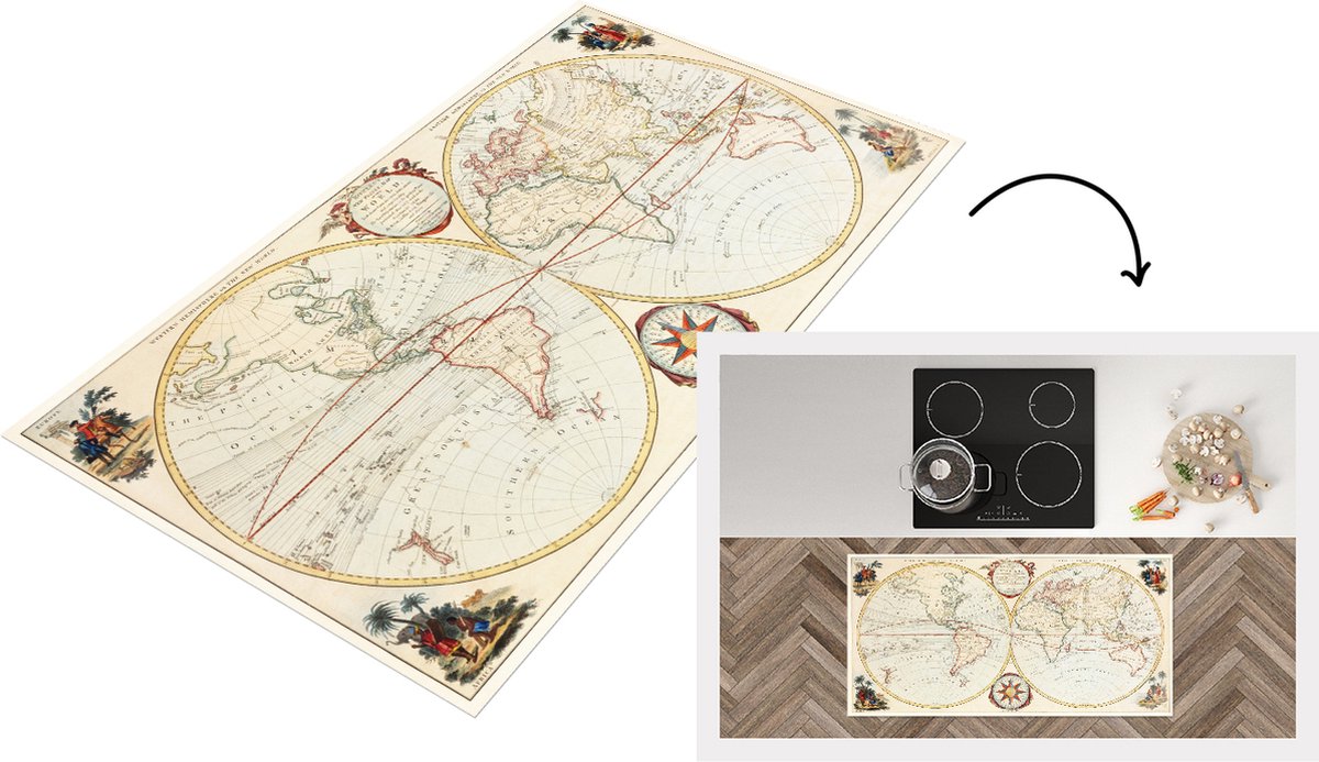 KitchenYeah Keukenloper - Loper keuken - Wereldkaart - Retro - Geschiedenis - 120x60 cm - Keukenloper vinyl Multicolor