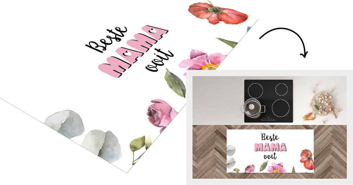 KitchenYeah Keukenloper - Loper keuken - Spreuken - Quotes Beste Mama Ooit - Cadeau moeder - Moederdag - Bloemen - 120x60 cm - Keukenloper vinyl Multicolor