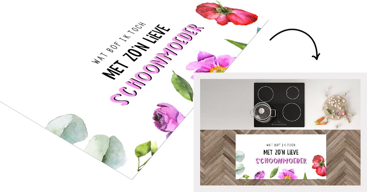 KitchenYeah Keukenloper - Loper keuken - Schoonmoeder - Quotes - Wat bof ik toch met zo'n lieve schoonmoeder - Spreuken - 120x60 cm - Keukenloper vinyl Multicolor