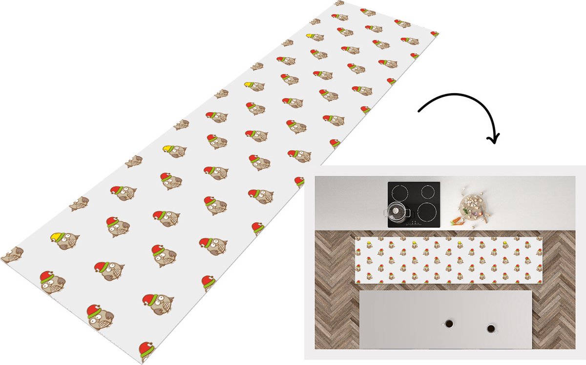 KitchenYeah Keukenloper - Loper keuken - Uil - Kerstmuts - Cartoon - Kind - Design - 200x50 cm - Keukenloper vinyl Multicolor