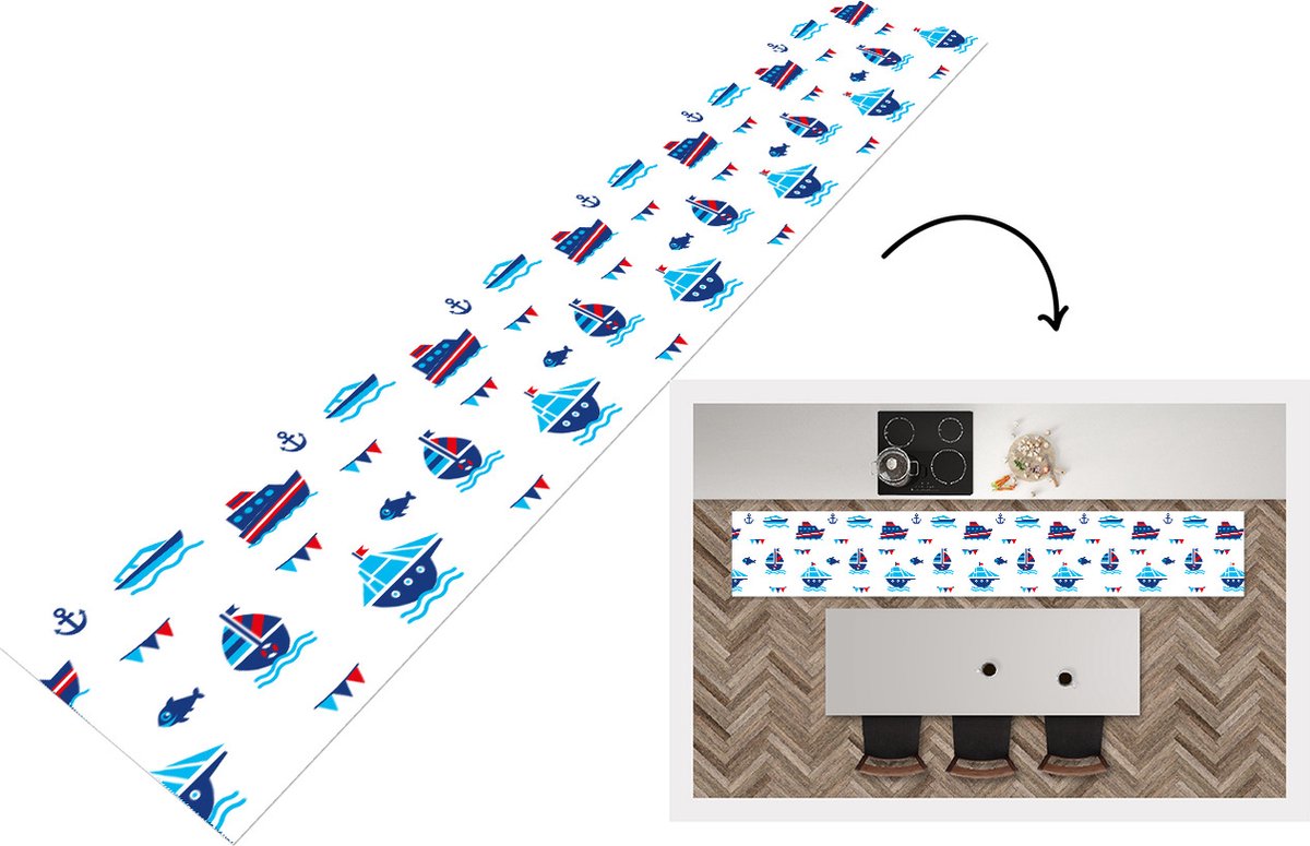 KitchenYeah Keukenloper - Loper keuken - Boot - Blauw - Rood - Jongen - Patroon - 300x50 cm - Keukenloper vinyl Multicolor