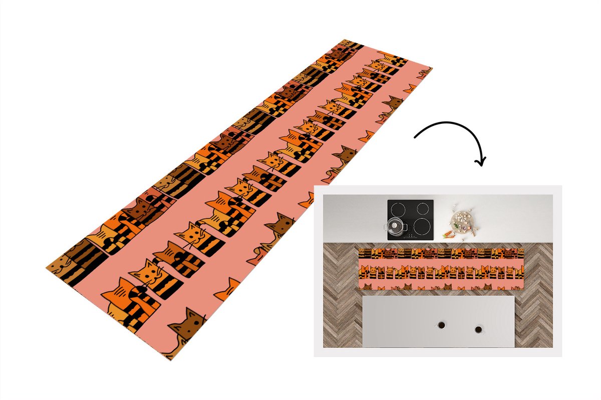 KitchenYeah Keukenloper - Loper keuken - Katten - Patronen - Dieren - Kinderen - 240x60 cm - Keukenloper vinyl Multicolor