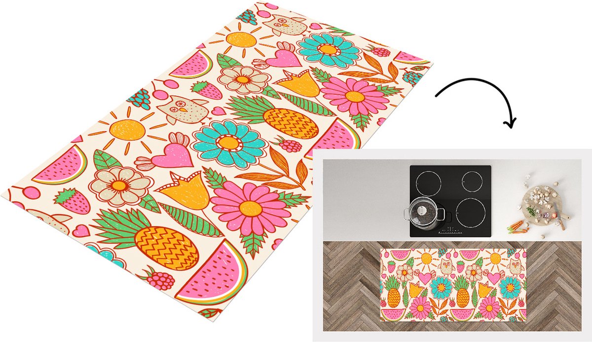 Keukenloper - Loper keuken - Uil - Regenboog - Bloemen - Kinderen - Patroon - 120x60 cm -