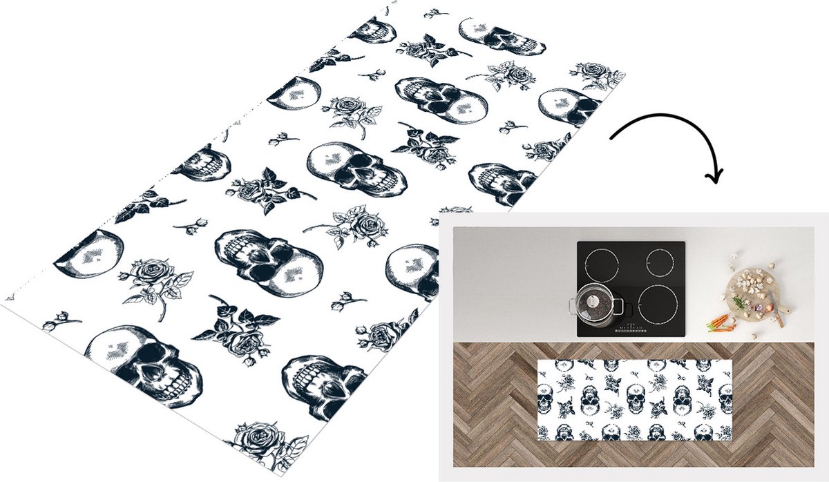 KitchenYeah Keukenloper - Loper keuken - Tieners - Skull - Bloemen - Patronen - 120x50 cm - Keukenloper vinyl Multicolor