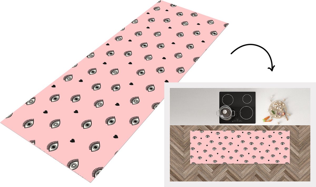 KitchenYeah Keukenloper - Loper keuken - Meisje - Ogen - Roze - Patronen - 180x60 cm - Keukenloper vinyl Multicolor