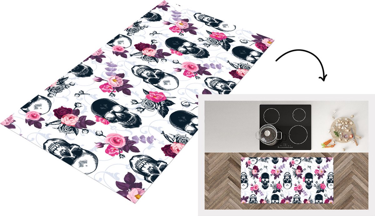 KitchenYeah Keukenloper - Loper keuken - Tieners - Skull - Roos - Patronen - 120x60 cm - Keukenloper vinyl Multicolor