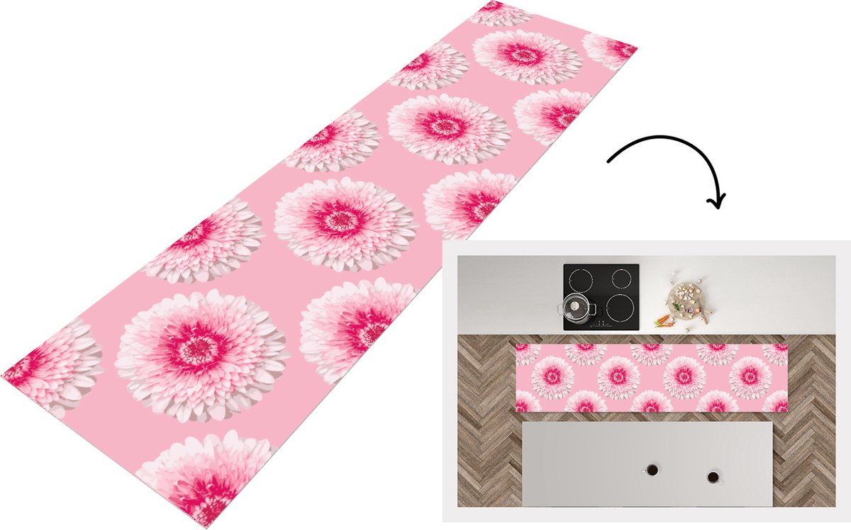 KitchenYeah Keukenloper - Loper keuken - Meiden - Bloem - Roze - Patronen - 240x60 cm - Keukenloper vinyl Multicolor