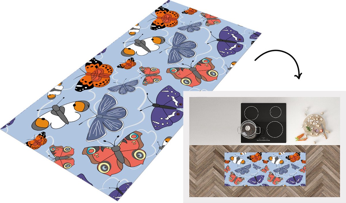 KitchenYeah Keukenloper - Loper keuken - Meisjes - Vlinder - Oranje - Patronen - 120x50 cm - Keukenloper vinyl Multicolor