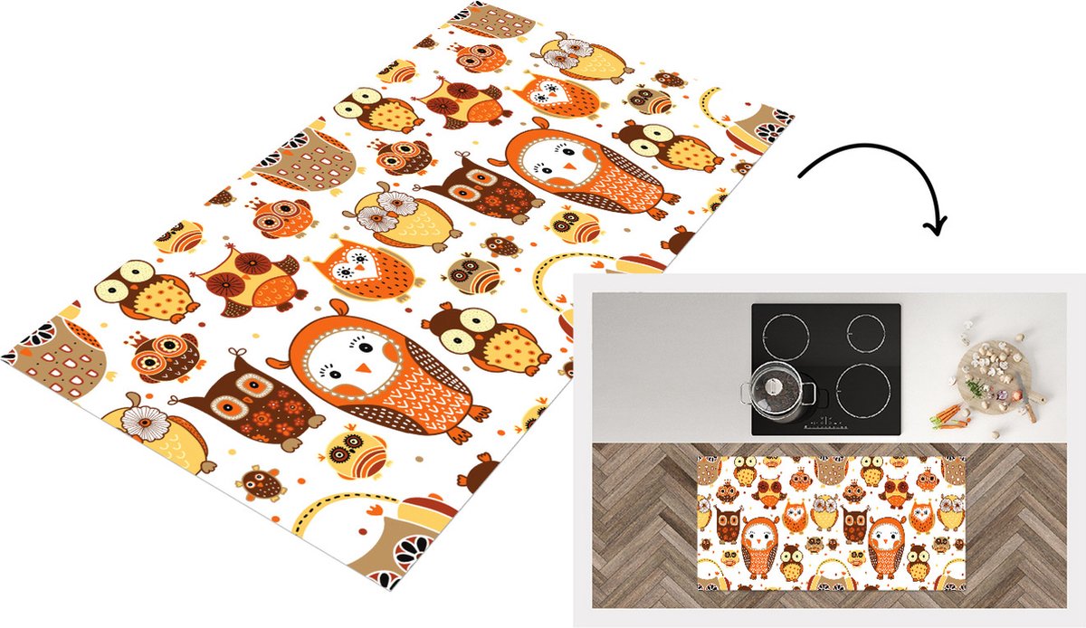 KitchenYeah Keukenloper - Loper keuken - Meisjes - Uil - Oranje - Patronen - 120x60 cm - Keukenloper vinyl Multicolor