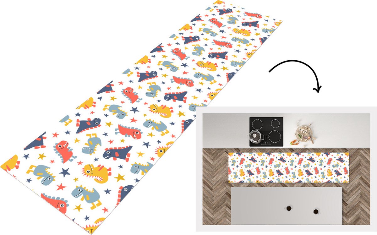 KitchenYeah Keukenloper - Loper keuken - Patronen - Dino - Sterren - 200x50 cm - Keukenloper vinyl Multicolor