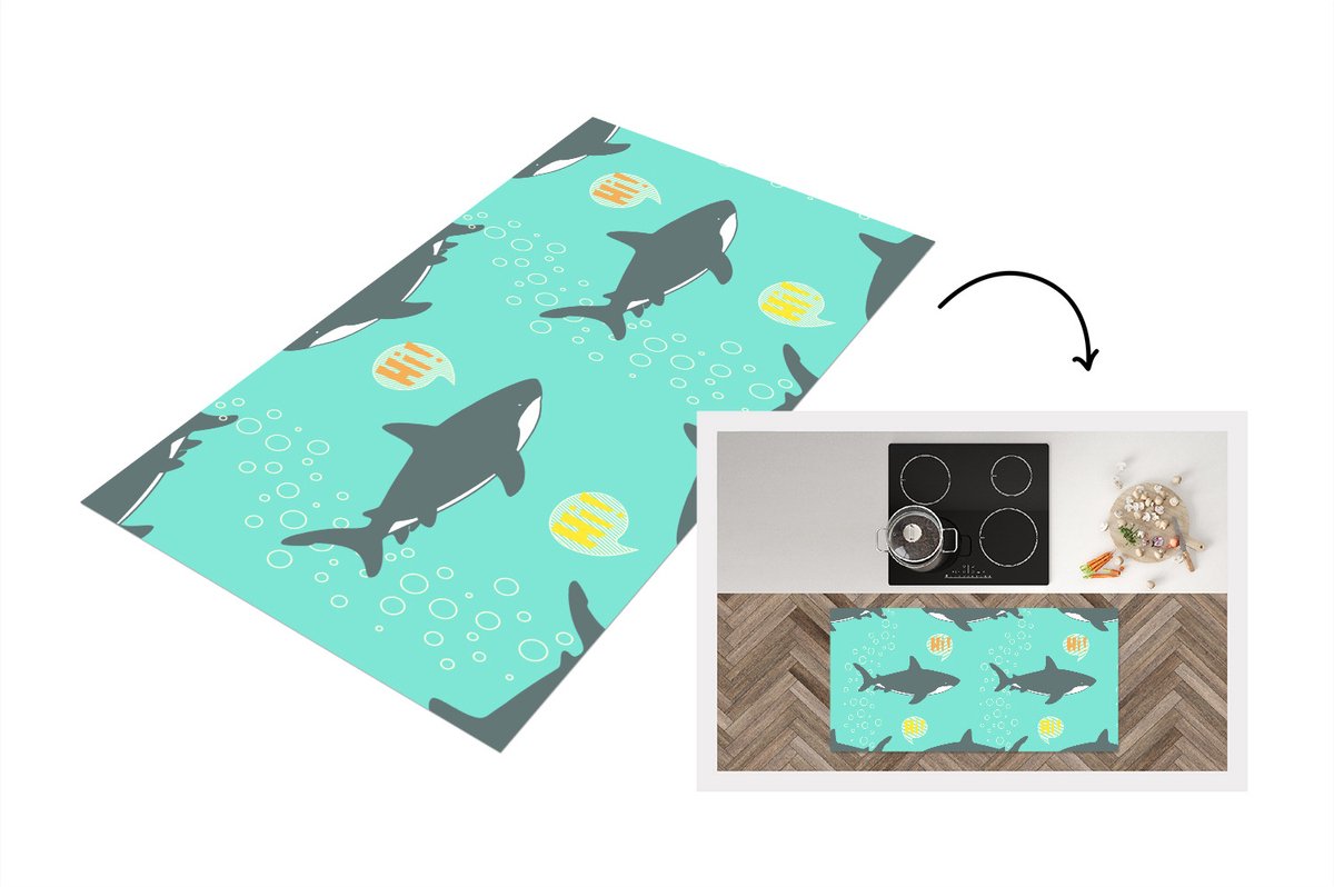 KitchenYeah Keukenloper - Loper keuken - Patronen - Water - Haai - 120x60 cm - Keukenloper vinyl Multicolor