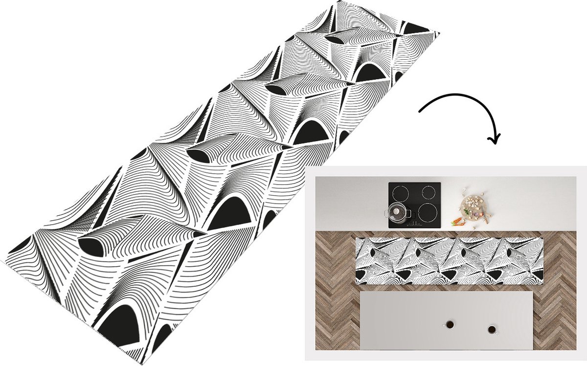 KitchenYeah Keukenloper - Loper keuken - Patroon - Abstract - Zwart Wit - 240x60 cm - Keukenloper vinyl Zwart; Wit