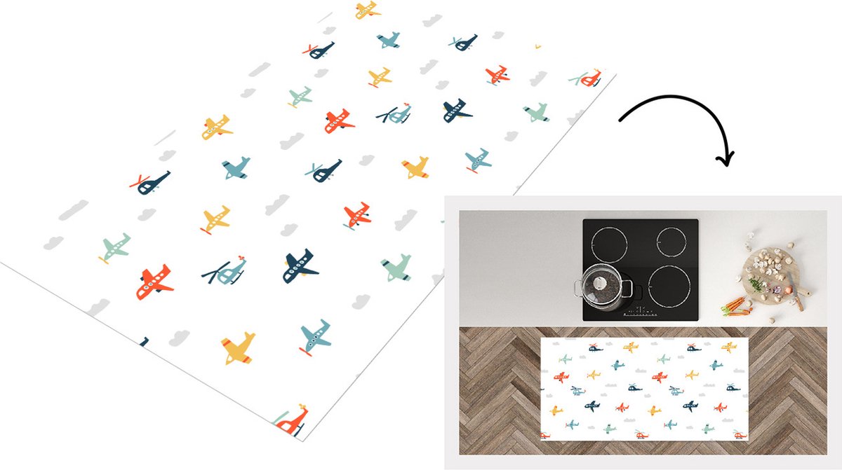 KitchenYeah Keukenloper - Loper keuken - Patronen - Helicopter - Vliegtuig - 120x60 cm - Keukenloper vinyl Multicolor