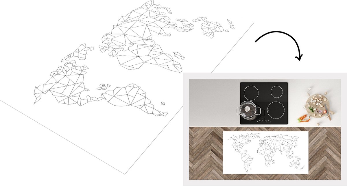 KitchenYeah Keukenloper - Loper keuken - Wereldkaart - Lijn - Zwart - Wit - Keukenloper vinyl, foto 2