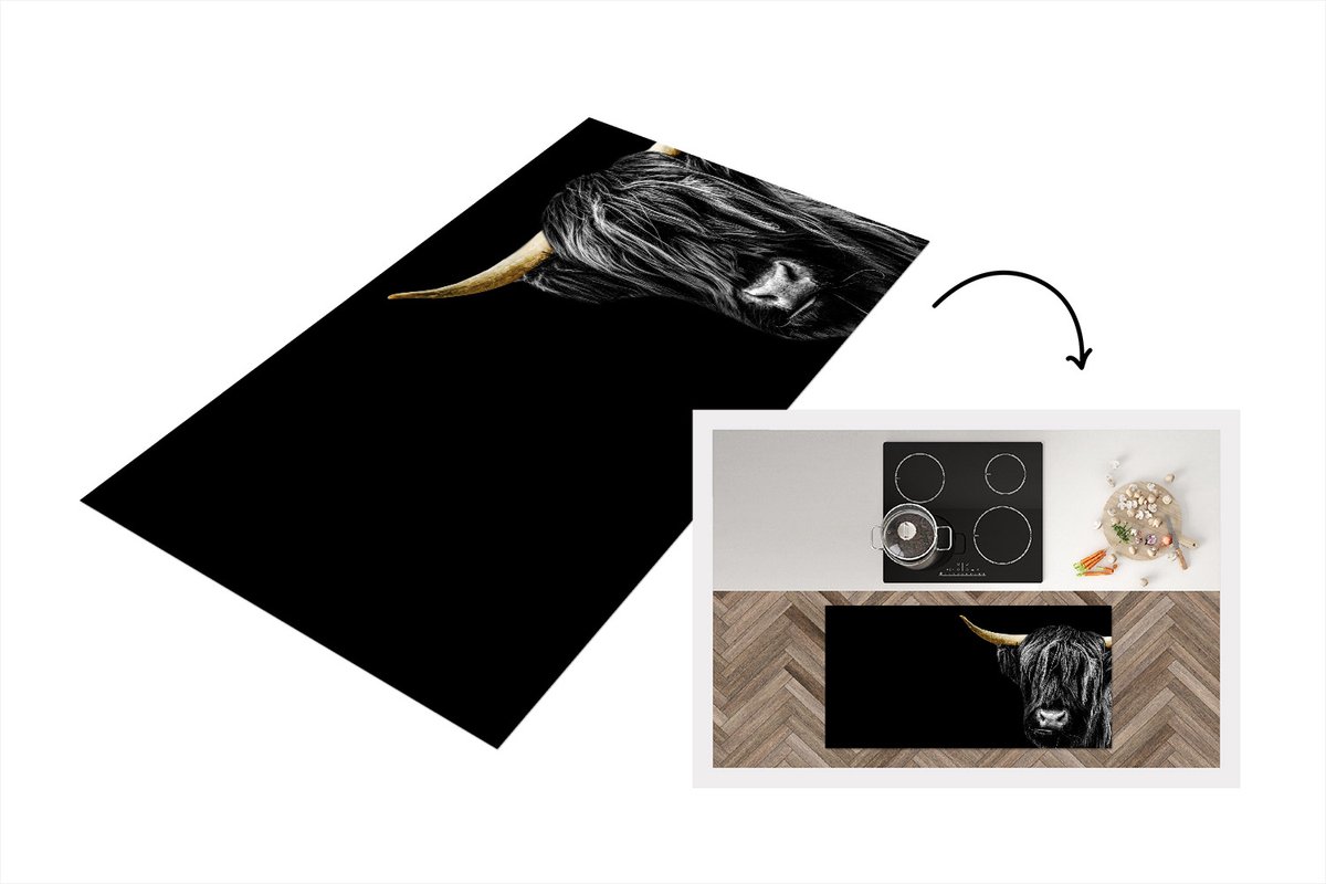 KitchenYeah Keukenloper - Loper keuken - Schotse hooglander - Zwart - Goud - Hoorn - 120x60 cm - Keukenloper vinyl Multicolor