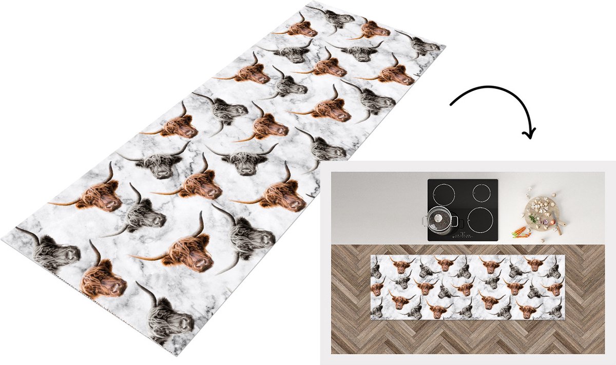 KitchenYeah Keukenloper - Loper keuken - Schotse hooglander - Koeien - Marmer - 180x60 cm - Keukenloper vinyl Multicolor