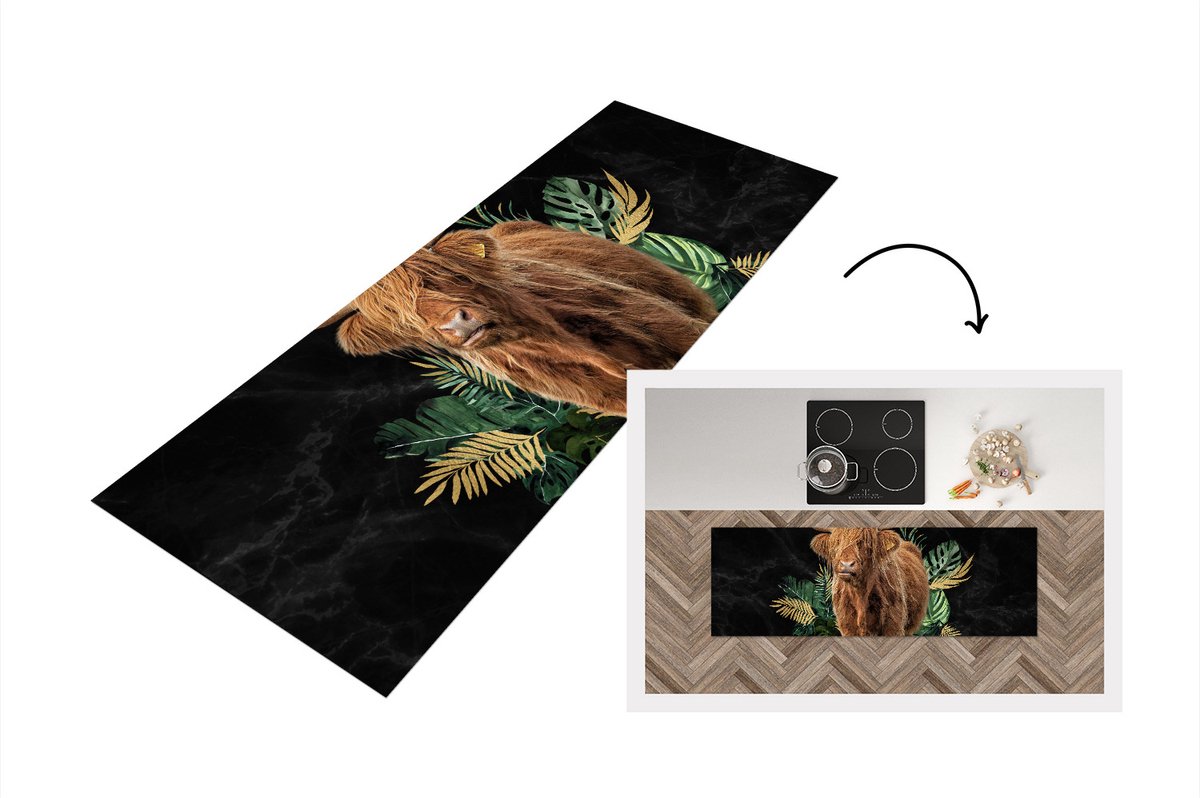 KitchenYeah Keukenloper - Loper keuken - Schotse hooglander - Goud - Bladeren - Keukenloper vinyl Multicolor