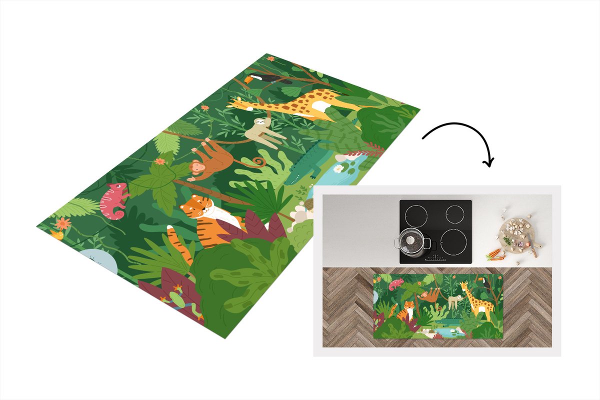 KitchenYeah Keukenloper - Loper keuken - Jungle - Giraf - Liaan - 120x60 cm - Keukenloper vinyl Multicolor