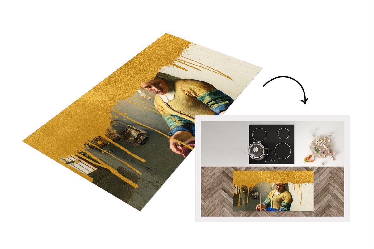 KitchenYeah Keukenloper - Loper keuken - Melkmeisje - Goud- Vermeer - 120x60 cm - Keukenloper vinyl Multicolor