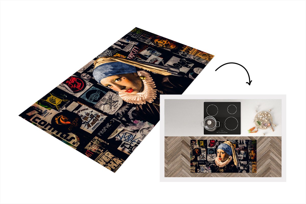 KitchenYeah Keukenloper - Loper keuken - Meisje met de parel - Tattoo - Vermeer - 120x60 cm - Keukenloper vinyl Multicolor