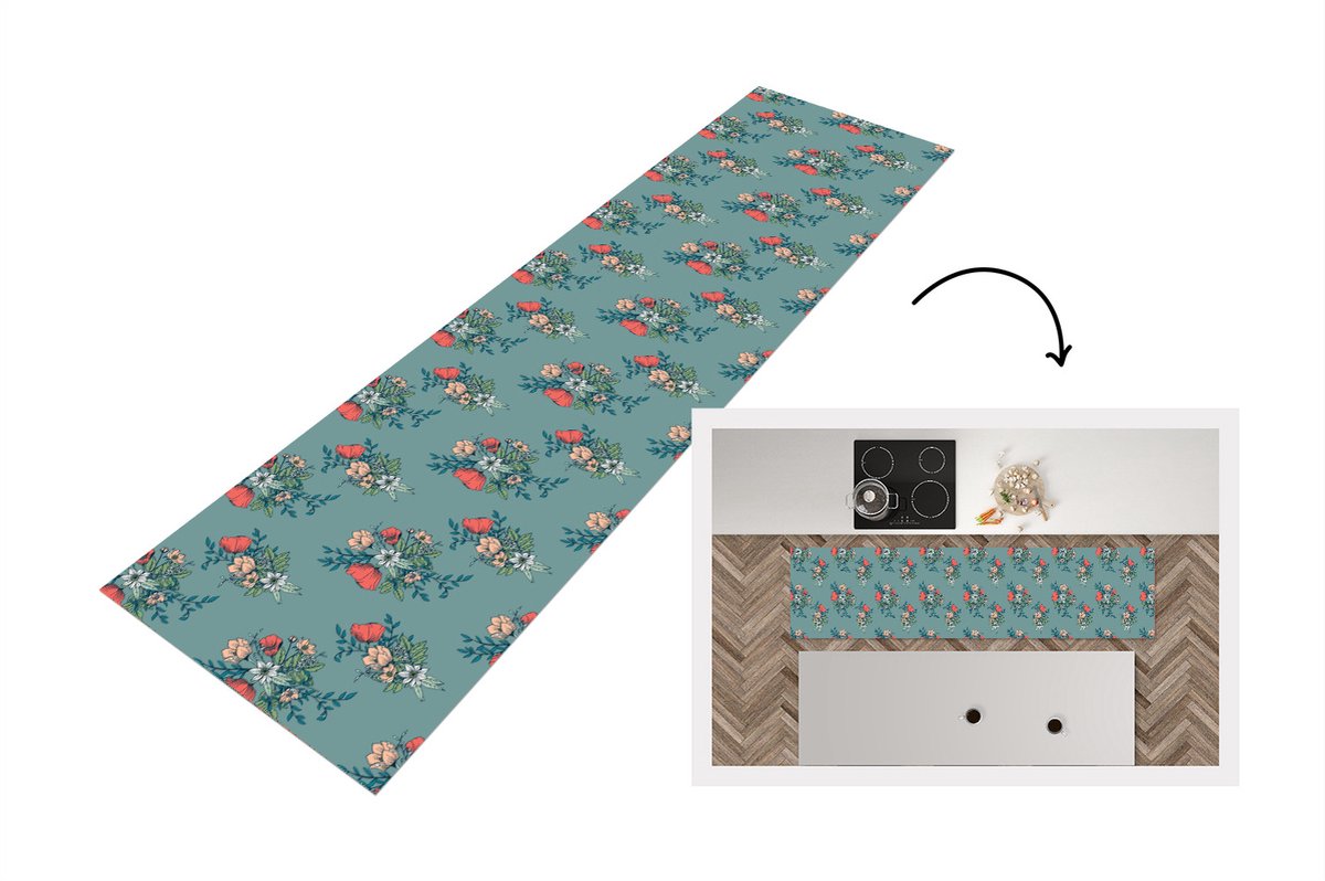 KitchenYeah Keukenloper - Loper keuken - Boeket - Patronen - Bloemen - Klaproos - 200x50 cm - Keukenloper vinyl Multicolor