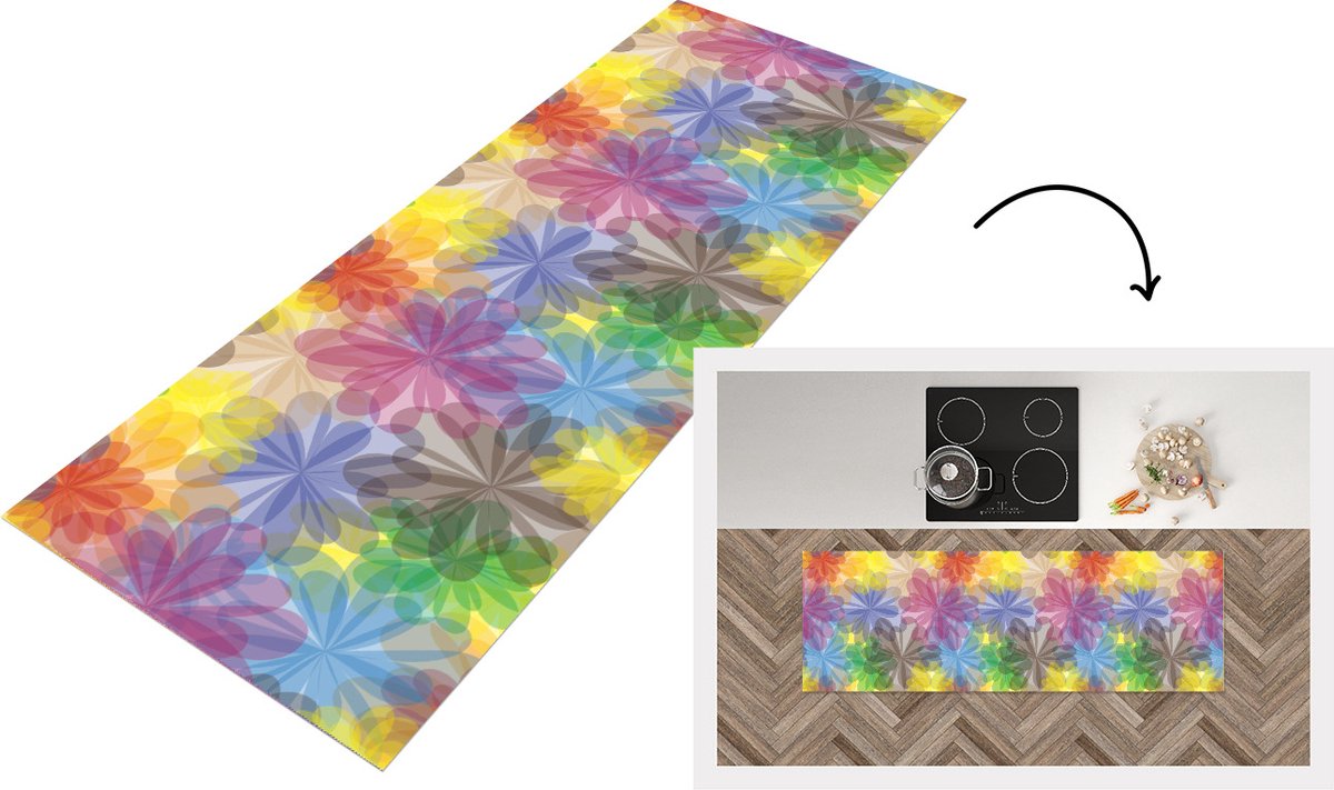 KitchenYeah Keukenloper - Loper keuken - Regenboog - Bloemen - Abstract - Patronen - 150x50 cm - Keukenloper vinyl Multicolor