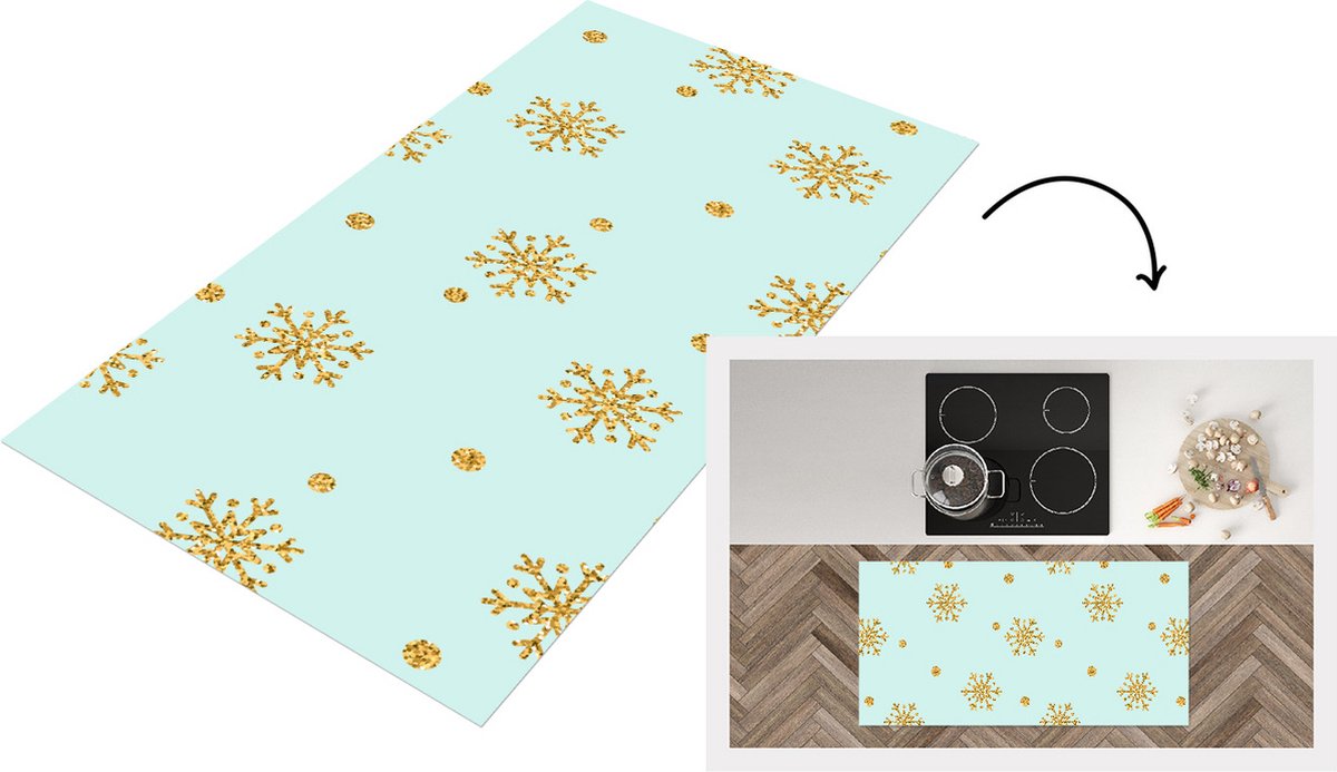 KitchenYeah Keukenloper - Loper keuken - Kerst - Patroon - Sneeuw - Goud - 120x60 cm - Keukenloper vinyl Multicolor