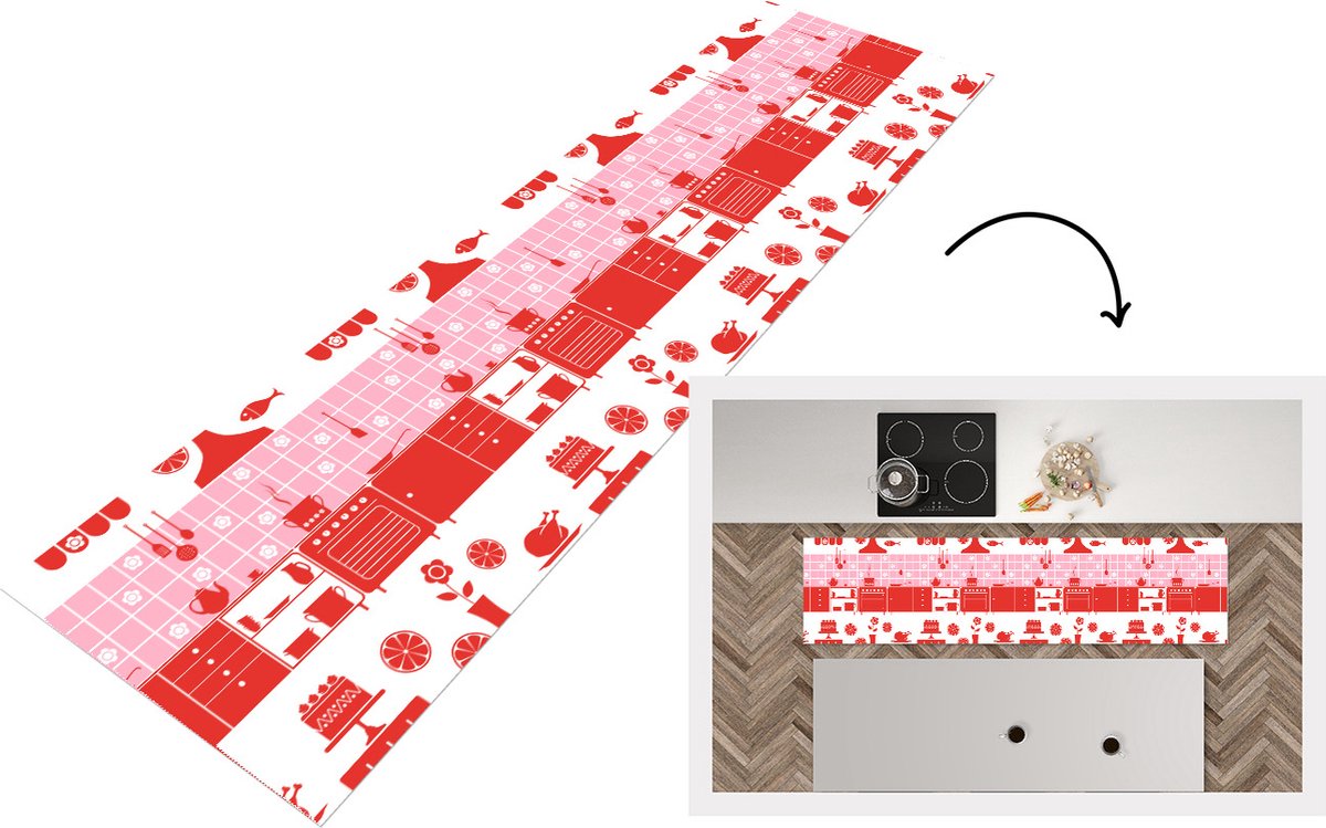KitchenYeah Keukenloper - Loper keuken - Patronen - Pannen - Design - Huis - Roze - 200x50 cm - Keukenloper vinyl Multicolor