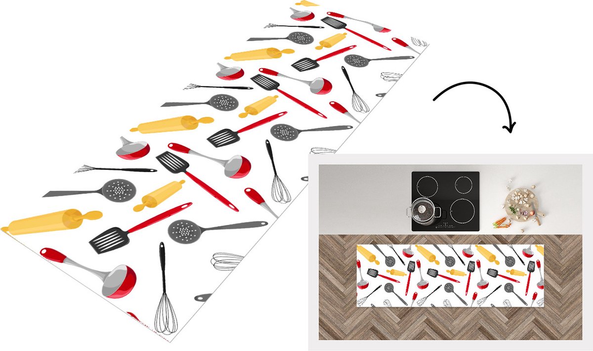 KitchenYeah Keukenloper - Loper keuken - Patronen - Keukengerei - Spatel - Deegroller - 150x50 cm - Keukenloper vinyl Multicolor