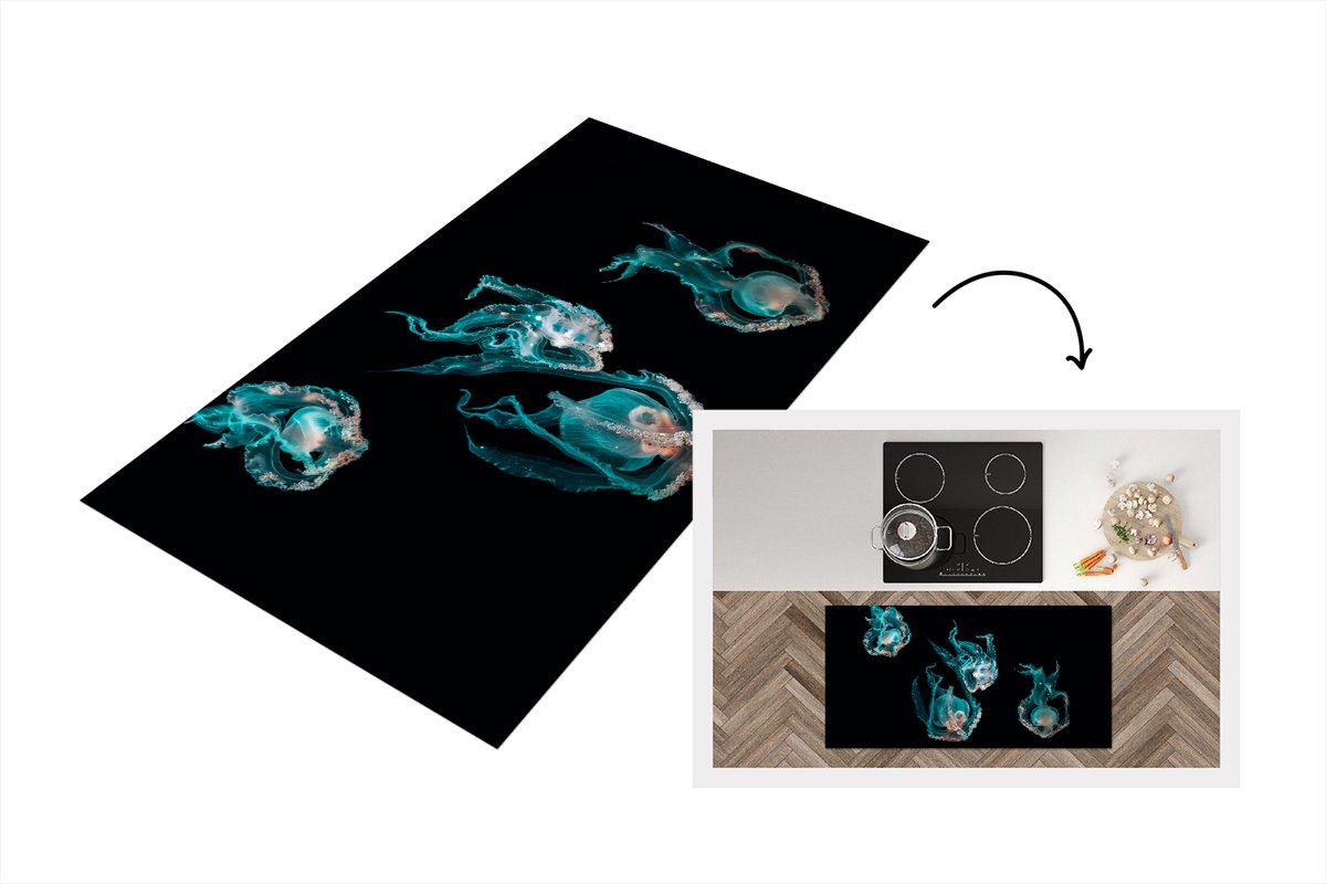 KitchenYeah Keukenloper - Loper keuken - Kwal - Zeedieren - Zwart - 120x60 cm - Keukenloper vinyl Multicolor