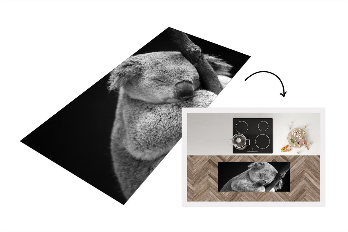 KitchenYeah Keukenloper - Loper keuken - Slapende koala op zwarte achtergrond in zwart-wit - 120x50 cm - Keukenloper vinyl Zwart; Wit