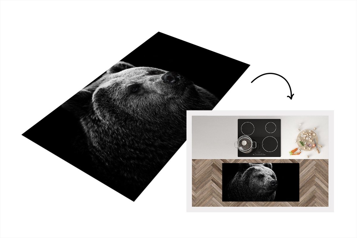 KitchenYeah Keukenloper - Loper keuken - Kamtsjatkabeer op zwarte achtergrond in zwart-wit - Keukenloper vinyl, foto 2