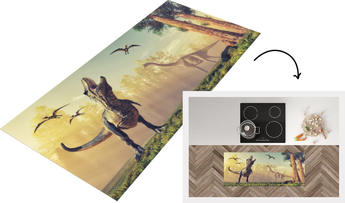 KitchenYeah Keukenloper - Loper keuken - Kinderkamer - Dinosaurus - Boom - 120x50 cm - Keukenloper vinyl Multicolor