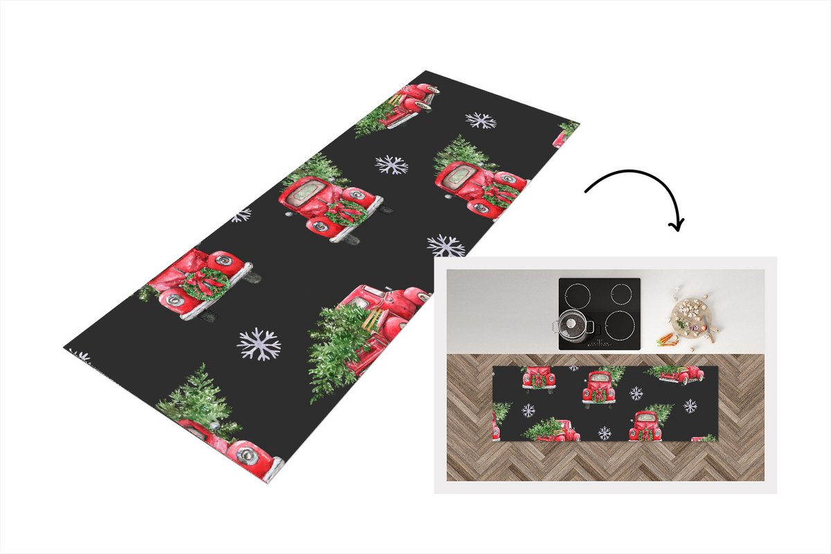 KitchenYeah Keukenloper - Loper keuken - Patronen - Kerstboom - Auto - 150x50 cm - Keukenloper vinyl Multicolor