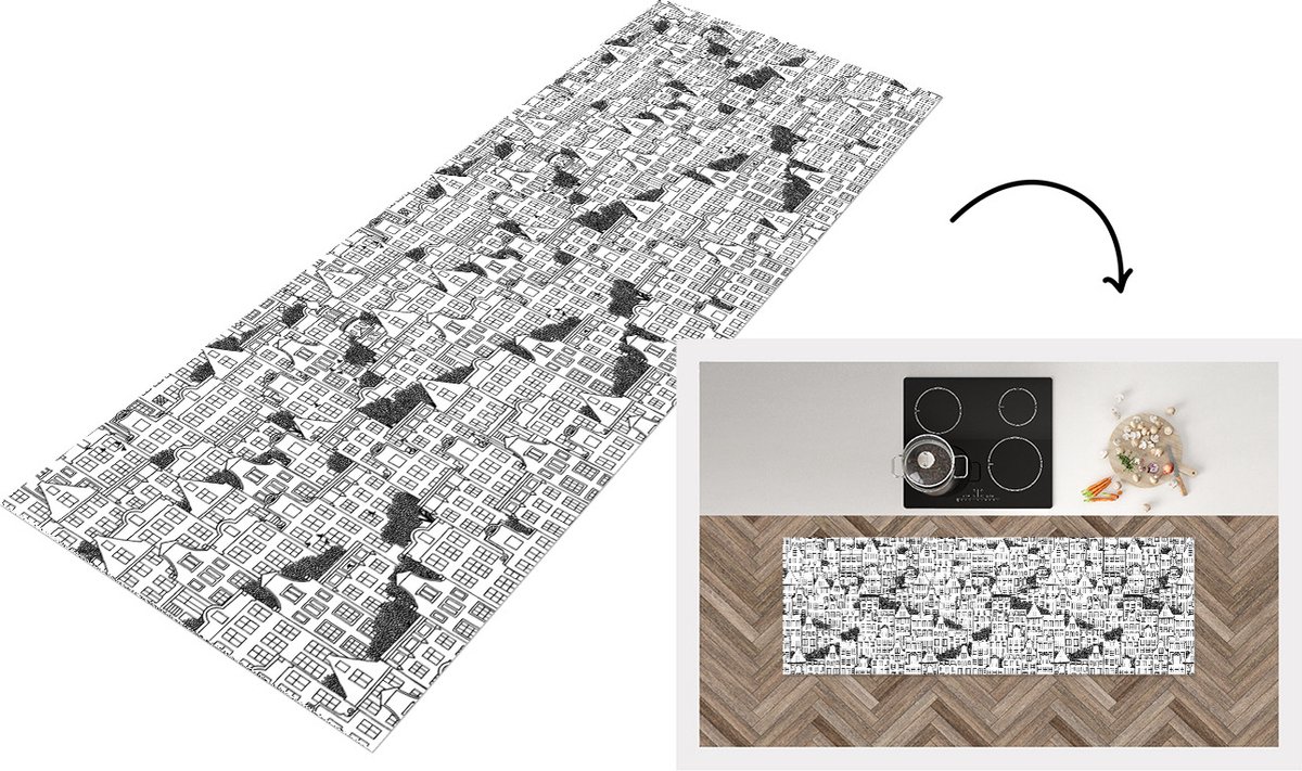 KitchenYeah Keukenloper - Loper keuken - Amsterdam - Grachtenpand - Zentangle - 180x60 cm - Keukenloper vinyl Multicolor